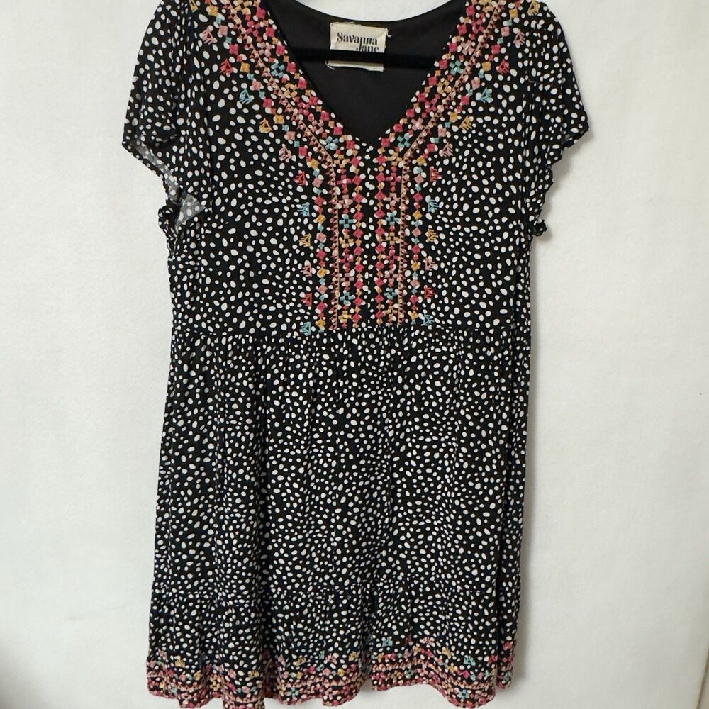 Savanna Jane Black and White mini dress Large Embroidered Boho Flowy